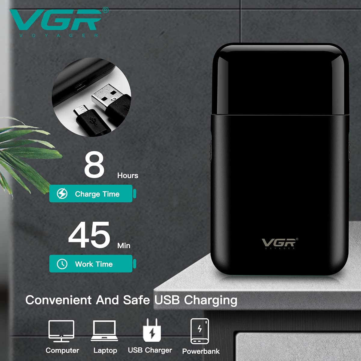 VGR V390 Ultra-Thin Electric Shaver & Beard Trimmer – Rechargeable Razor with USB